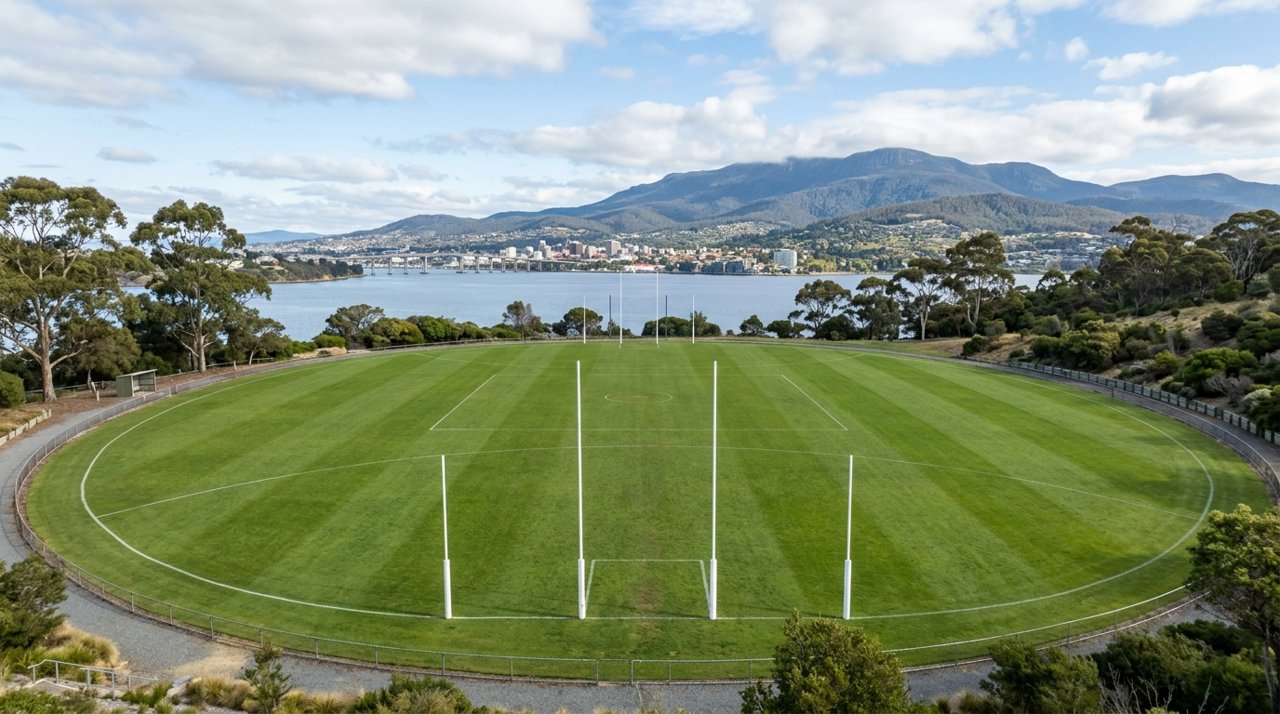 an empty community sports oval on Hobart's Eastern Shore, green grass, goalposts, daytime