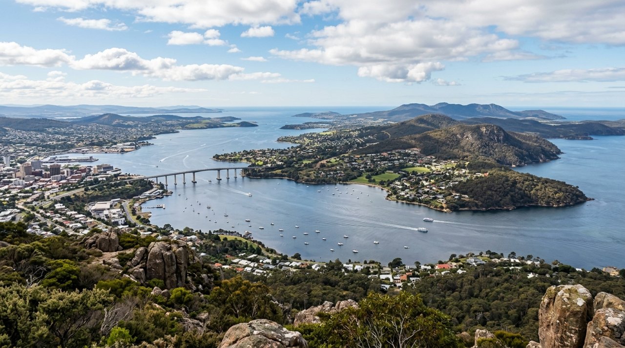 a scenic view of the River Derwent estuary and Hobart's Eastern Shore, Tasmania