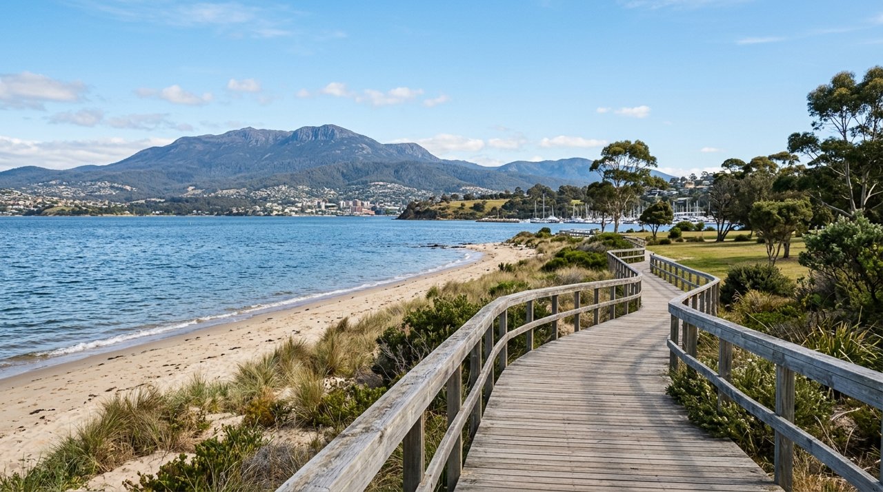 the Bellerive Beach foreshore boardwalk on Hobart's Eastern Shore on a sunny day