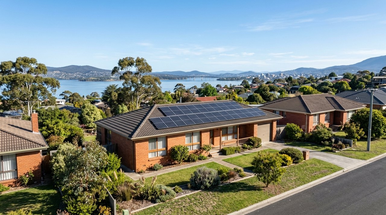 rooftop solar panels on a suburban Tasmanian brick home under a clear sky, Hobart Eastern Shore, daytime, no identifiable people