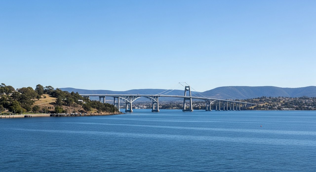 the Tasman Bridge spanning the River Derwent at Hobart on a clear day, wide shot, no people