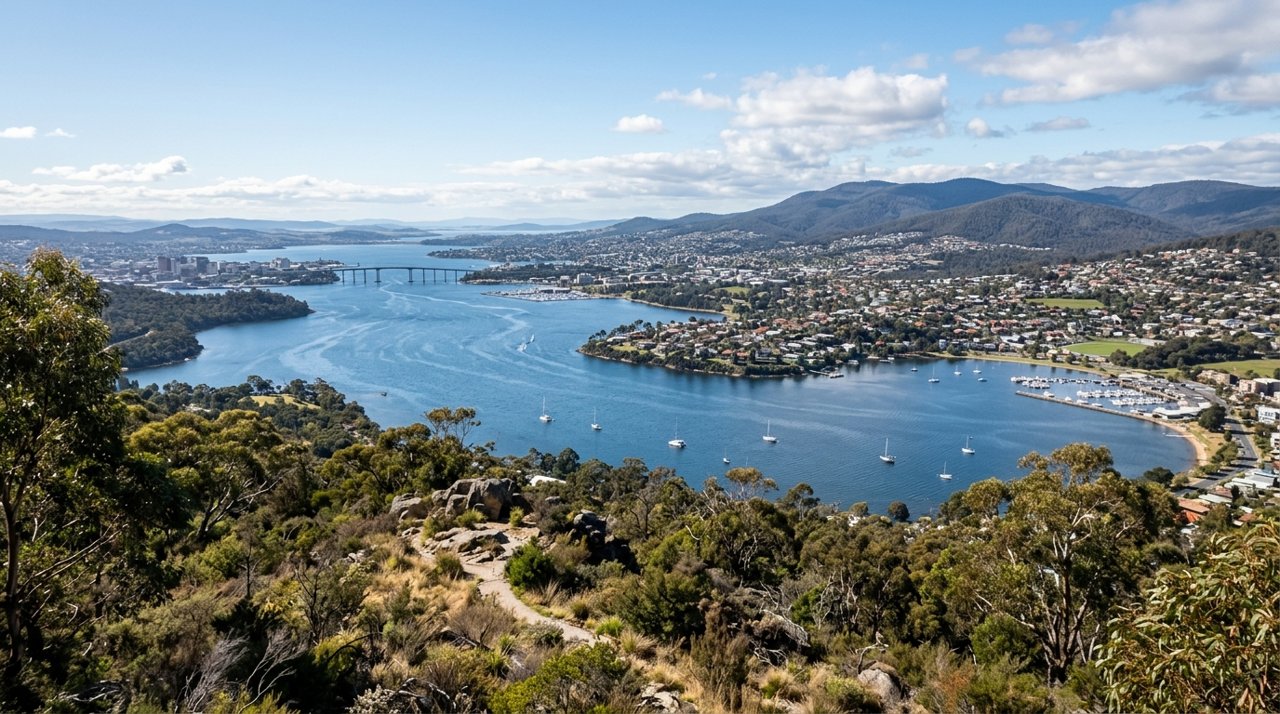 a scenic view of the River Derwent estuary and Hobart's Eastern Shore, Tasmania