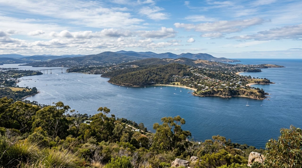 a scenic view of the River Derwent estuary and Hobart's Eastern Shore, Tasmania