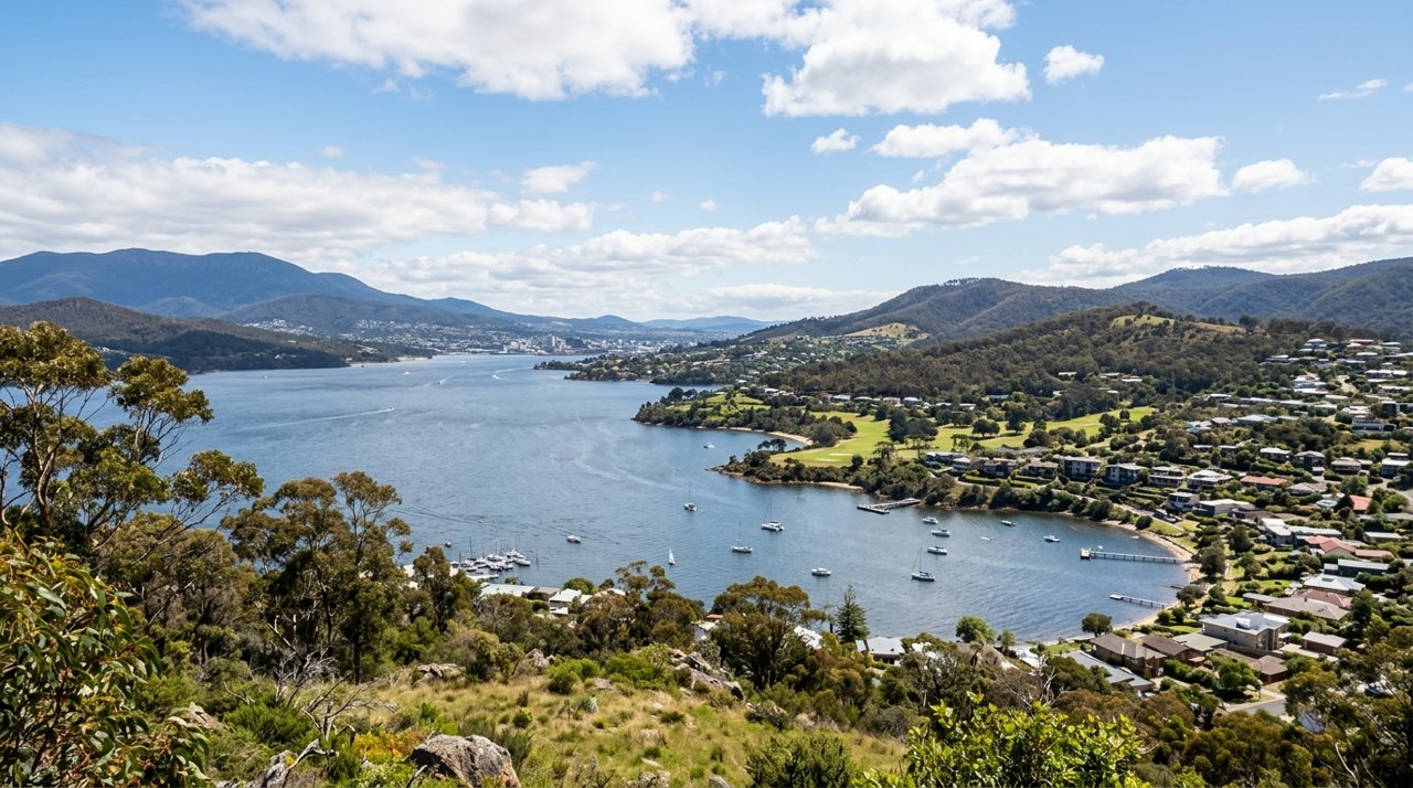 a scenic view of the River Derwent estuary and Hobart's Eastern Shore, Tasmania