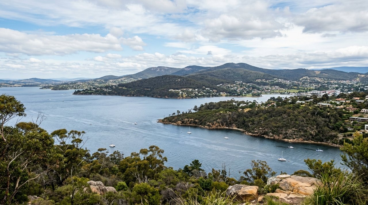 a scenic view of the River Derwent estuary and Hobart's Eastern Shore, Tasmania