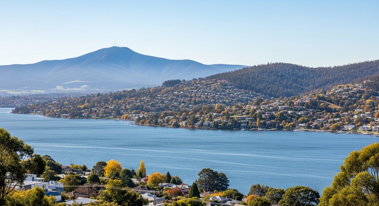 a scenic view of the River Derwent estuary and Hobart's Eastern Shore, Tasmania