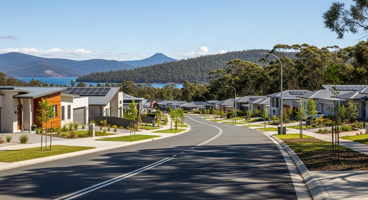 a modern Tasmanian suburban civic streetscape on Hobart's Eastern Shore, daytime, no identifiable people