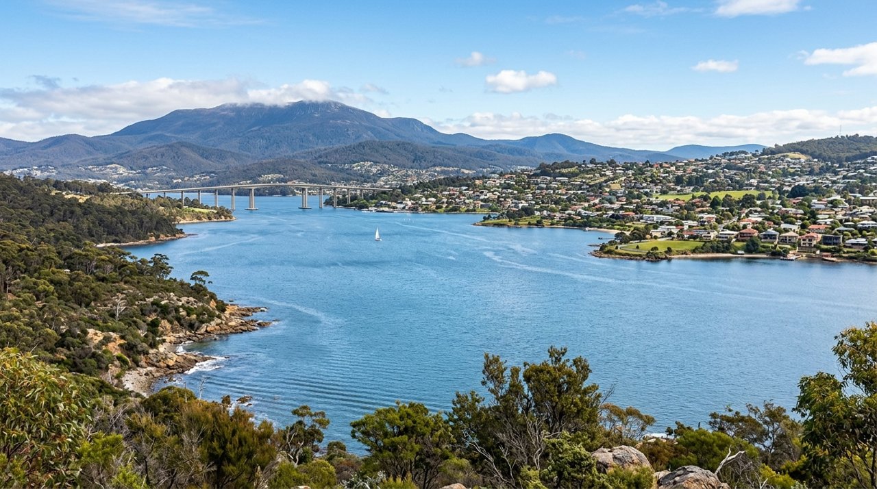 a scenic view of the River Derwent estuary and Hobart's Eastern Shore, Tasmania