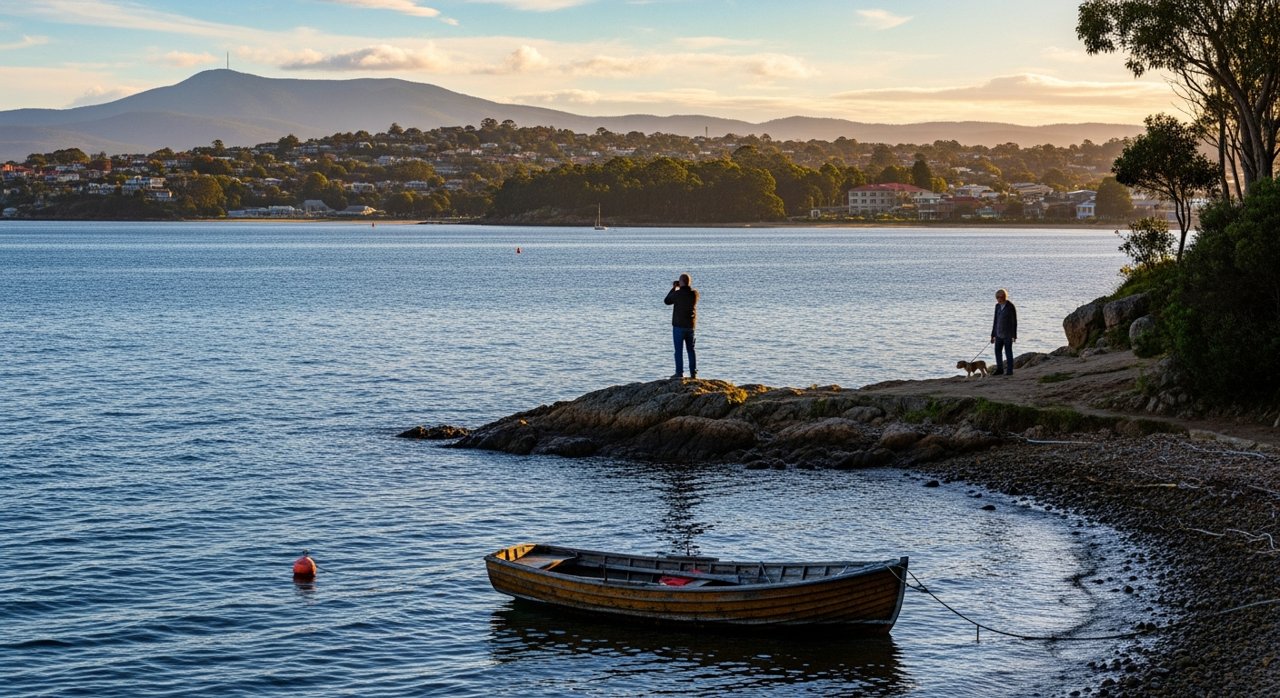 a scenic view of the River Derwent estuary and Hobart's Eastern Shore, Tasmania