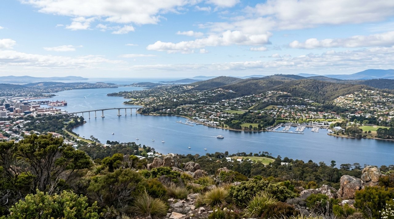 a scenic view of the River Derwent estuary and Hobart's Eastern Shore, Tasmania