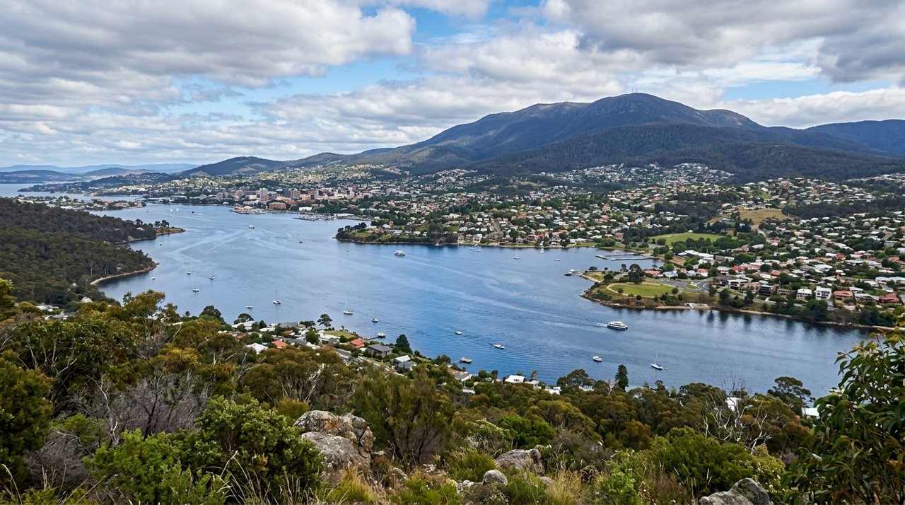 a scenic view of the River Derwent estuary and Hobart's Eastern Shore, Tasmania