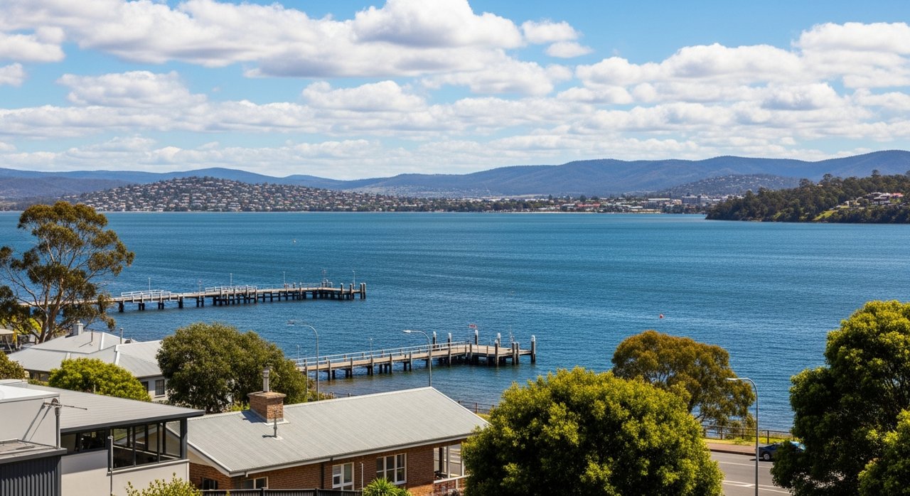 a scenic view of the River Derwent estuary and Hobart's Eastern Shore, Tasmania