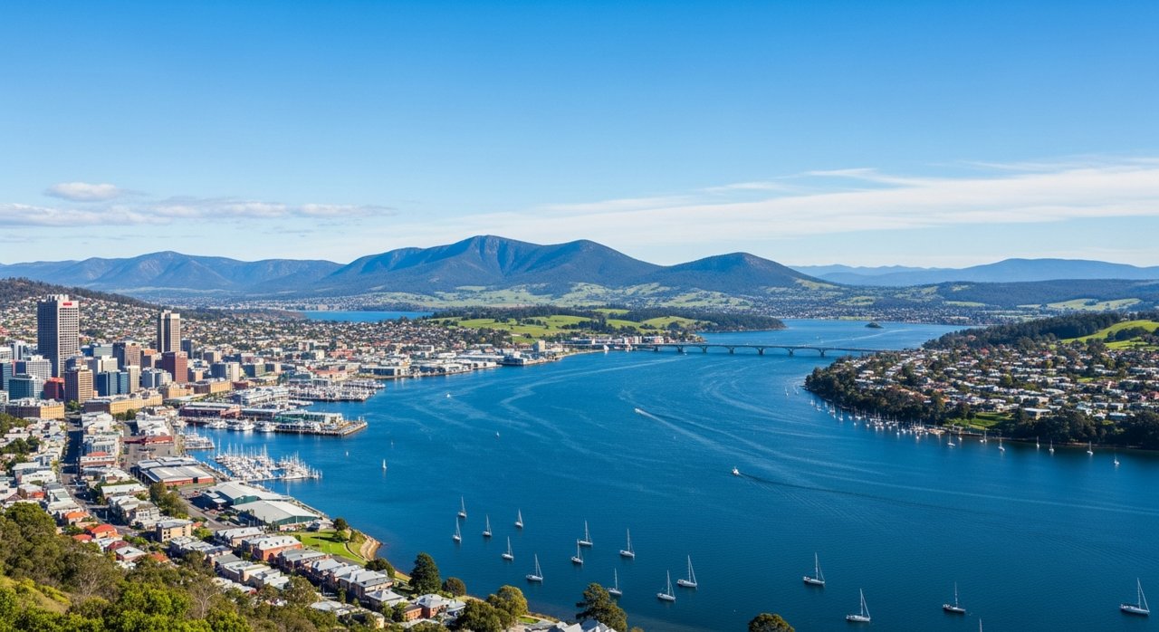 a scenic view of the River Derwent estuary and Hobart's Eastern Shore, Tasmania